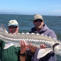 Two men holding a fish while standing on the water.