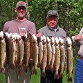 Three men holding up a bunch of fish.