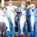 A group of people holding fish on top of a dock.